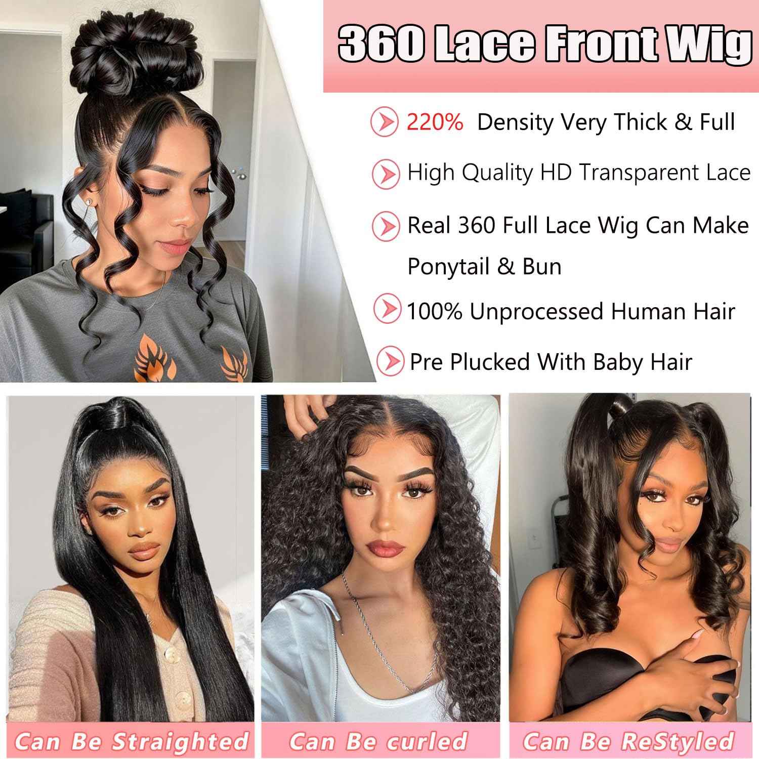 360 Lace Front Wigs Human Hair Body Wave 220 Density HD Full Lace Front Wigs Human Hair Pre Plucked For Women Natural Hairline With Baby Hair (220 Density 360 Wig, 20 Inch)