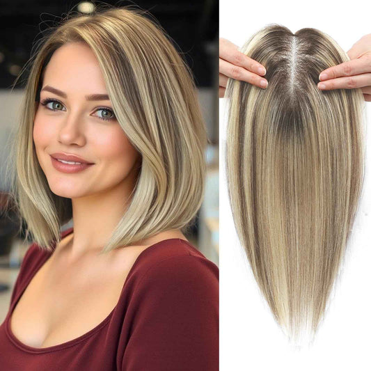 GULALUUK Hair Toppers for Women Human Hair Toppers Handmade Upgrade 10 * 12 cm Larger Swiss Base Wiglets Remy HairToppers 12 Inch HairToppers for Thining HairLoss Cover GrayHair 40g Ombre Light Brown