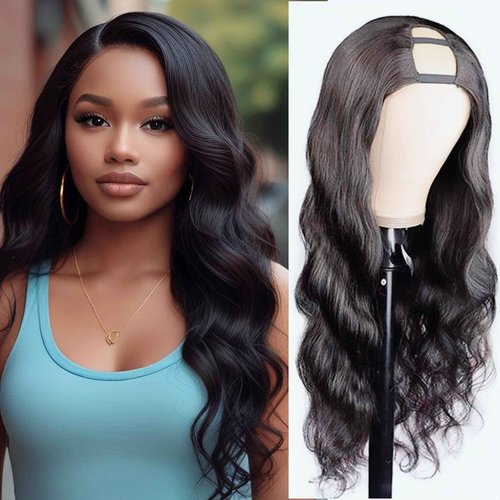 U Part Human Hair Wig Body Wave Brazilian Virgin Hair Glueless Wigs Human Hair 180% density U Part Wig for Black Women Clip In U Part Wig Human Hair Upart half wig Natural Black Color 22 inch