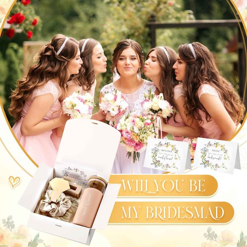 Tioncy 42 Pcs Bridesmaid Proposal Gifts Bridal Shower Wedding Gift Box Makeup Bags Invited Cards Tumblers with Lids and Straw Scrunchies Eye Mask Hair Clips for Maid of Honor(Champagne)