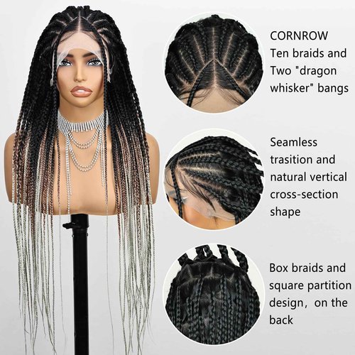FABÉLLE 30 Inch Braided Wig Non Embroidered Full Lace Knotless Box Braided Wigs 3 Tones T1B/30/613 Long Braiding Hair Wigs Synthetic Lace Front Wigs for Women