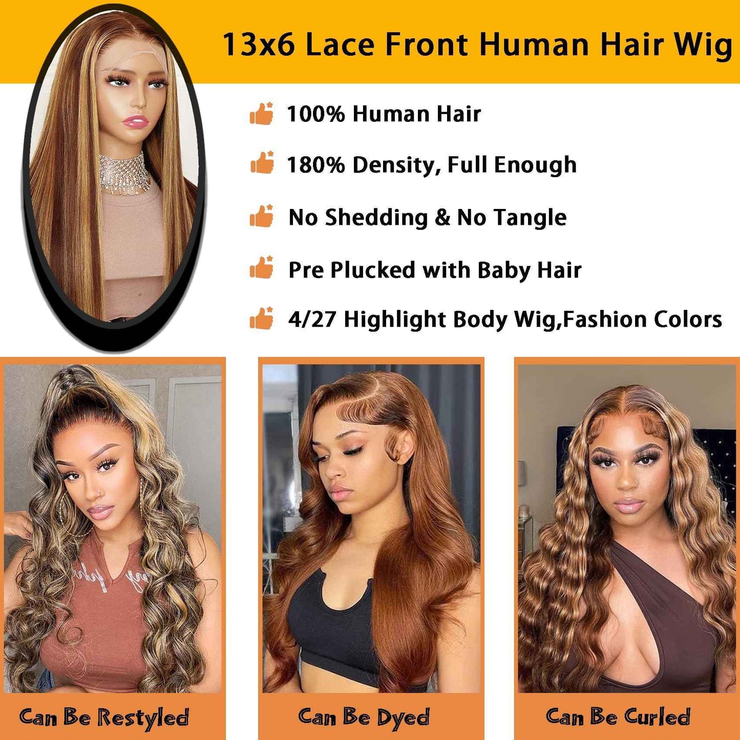 Honey Blonde Ombre Lace Front Wig Human Hair 4/27 Colored Body Wave 13x6 HD Lace Front Wigs Human Hair Pre Plucked with Baby Hair Frontal Wigs for Women 180% Density 22 Inch