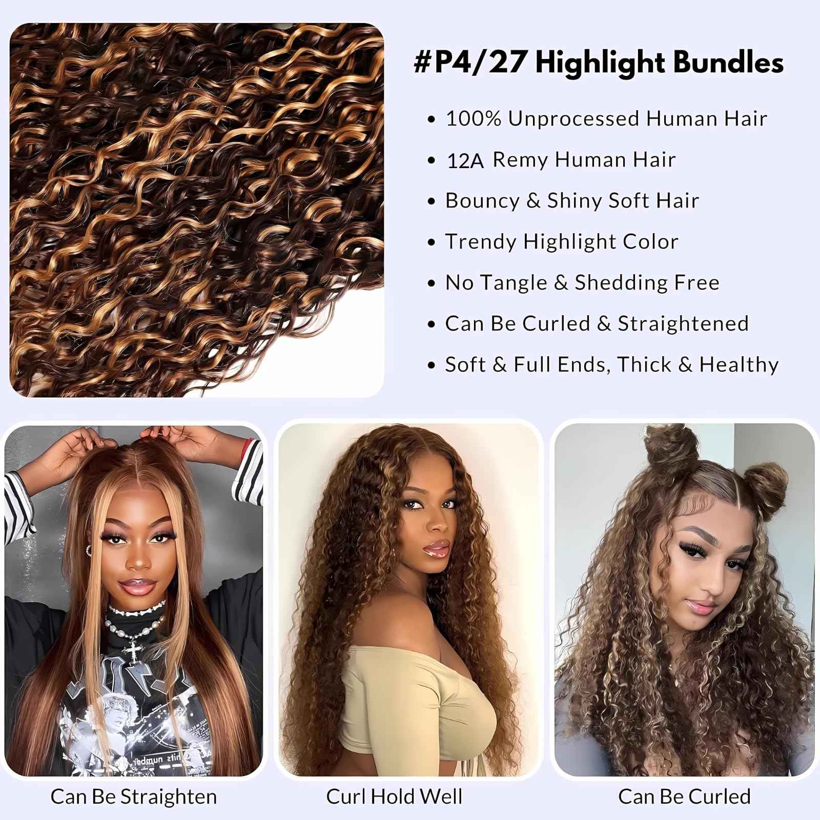 Honey Blonde Curly Human Hair Bundles With Closure, Ombre Water Wave Bundles 4x4 HD Lace Closure P4/27 Blonde And Brown Color, Soft & Shed-free Wet And Wavy 12A 100% Virgin Human Hair 10 12 14+10 Inch
