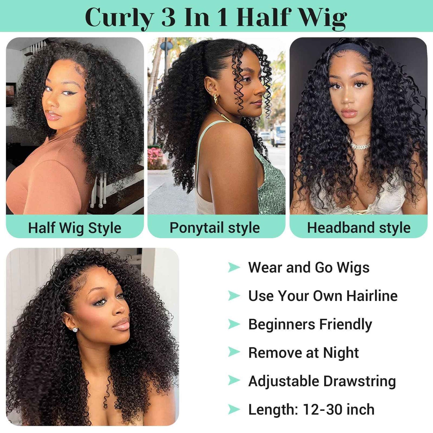 Half Wig Human Hair Glueless Headband Wig for Women 200 Density Afro Kinky Curly Glueless Wigs Human Hair with Drawstring 3 In 1 Flip Over Half Wigs Friendly for Beginner Natural Black Color 20 Inch