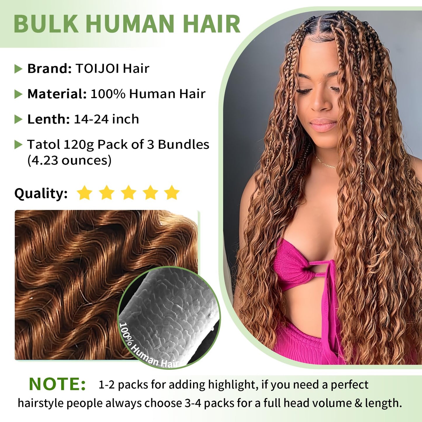 Human Braiding Hair for Boho Braids 120g 12A Deep Water Wave Bulk Human Hair Knotless Boho Braiding Curly 100% Virgin No Weft Extensions Bohemian Braids 3 Bundles/Pack Auburn Ginger 24 Inch