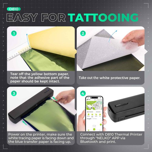 Nelko D810 Tattoo Stencil Printer, Wireless Thermal Tattoo Printer with 10pcs Tattoo Transfer Papers, Portable Tattoo Machine for Artist & Beginners, Compatible with Phone Pad and PC, Black