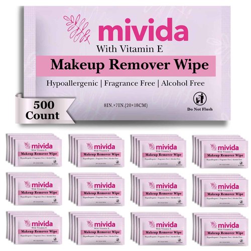 mivida 500 Count Bulk Individually Wrapped Makeup Remover Wipes with Vitamin E | Hypoallergenic, Fragrance-Free, Alcohol-Free makeup wipes | Bulk single make up removing wipes