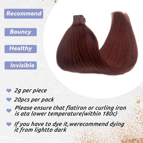 Tape in Hair Extensions Human Hair Seamless Skin Weft Silk Straight Mapel Leaf Red Colored Hair Extensions 20pcs 50g/pack Invisible Adhesive Tape on 100% Remy Hair Extensions(20Inch #33 Dark Auburn)