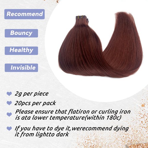 Dark Auburn Remy Tape in Hair Extensions Premium 100% Human Hair with Invisible Tape Attached Semi Permanent Hair Extensions 24Inch Silk Straight Human Hair Extensions 70grams for Girls/Women