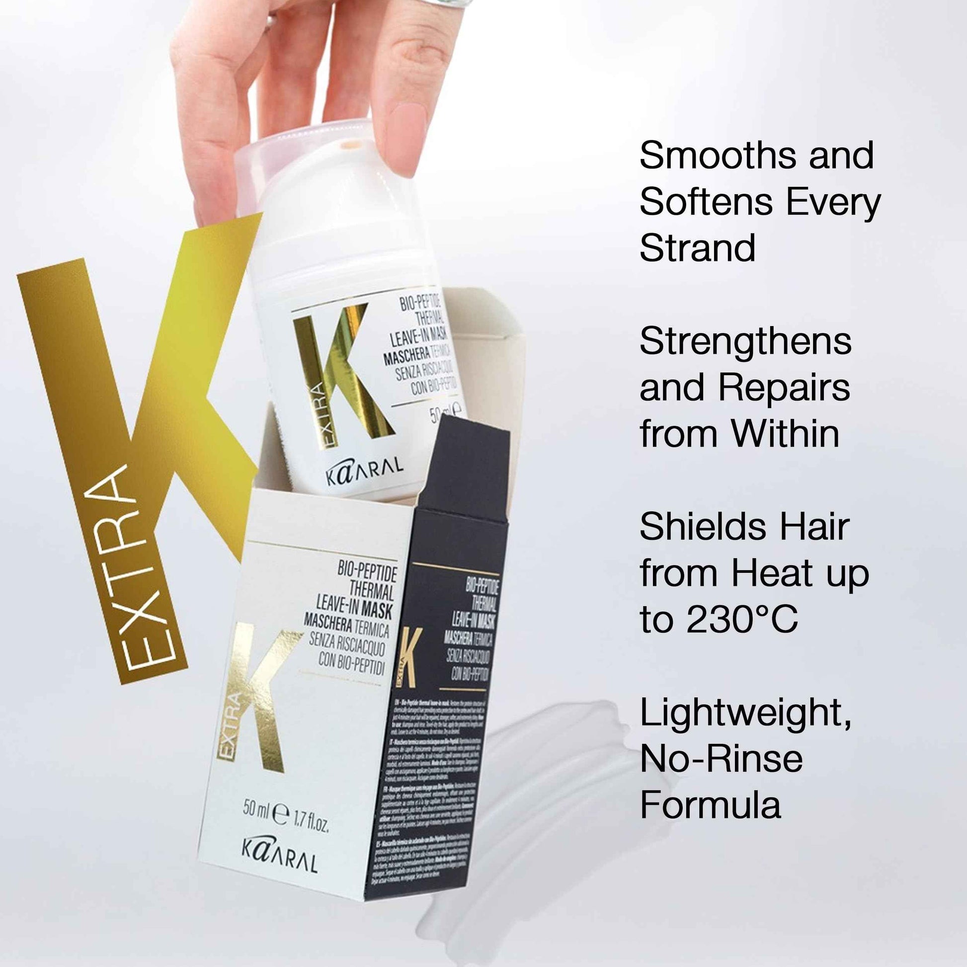 Kaaral Bio-Peptide Thermal Leave-In Hair Mask - Intensive Moisture & Heat Protection for Dry Damaged Hair - Strengthening Hydrating Repair with Collagen & Restores Shine - 50ml