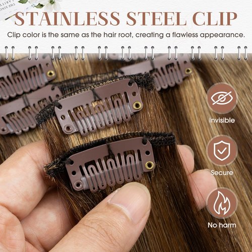 TESSHAIR Clip in Hair Extensions Real Human Hair 16 Inch Human Hair Clip in Extensions Medium Brown & Dark Blonde Hair Extensions Clip ins Double Weft 100% Real Human Hair Extensions 8 PCS 65g #4P27