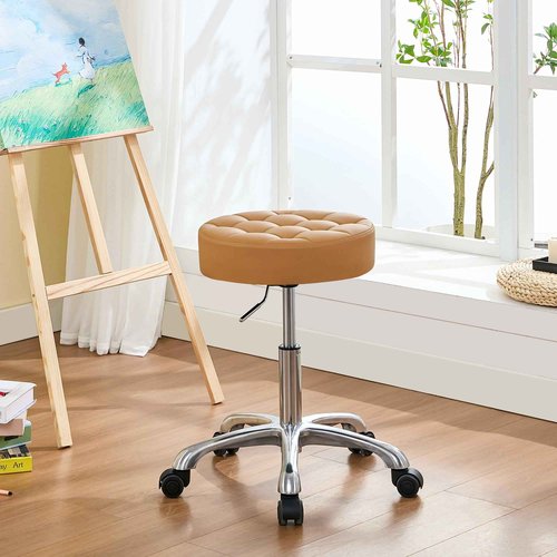 FIRAVOE Rolling Stool Adjustable Height (300lbs Capacity) (Sturdy Aluminum Base) Swivel Massage Stool with Wheels (Camel Brown)