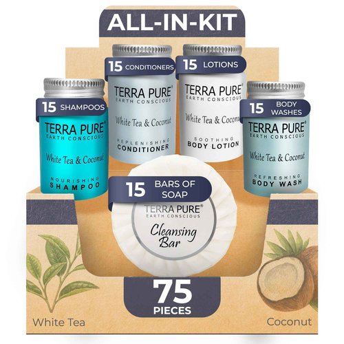 Terra Pure White Tea & Coconut Toiletries Set | 1-Shoppe Amenities Kit | 1oz Liquids, 1.25oz Bar Soap | Hotels, Airbnb & Rentals | 75 Pieces