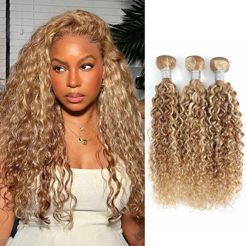 AUROO 27/613 Highlighted Multi-Blonde Bundles Human Hair Water Wave, 13A Grade Ombre Blonde Human Hair Wet n Wavy Curly 3 Bundles 100% Raw Brazilian Silky Colored Hair Weaves Extension 10/12/14 Inch