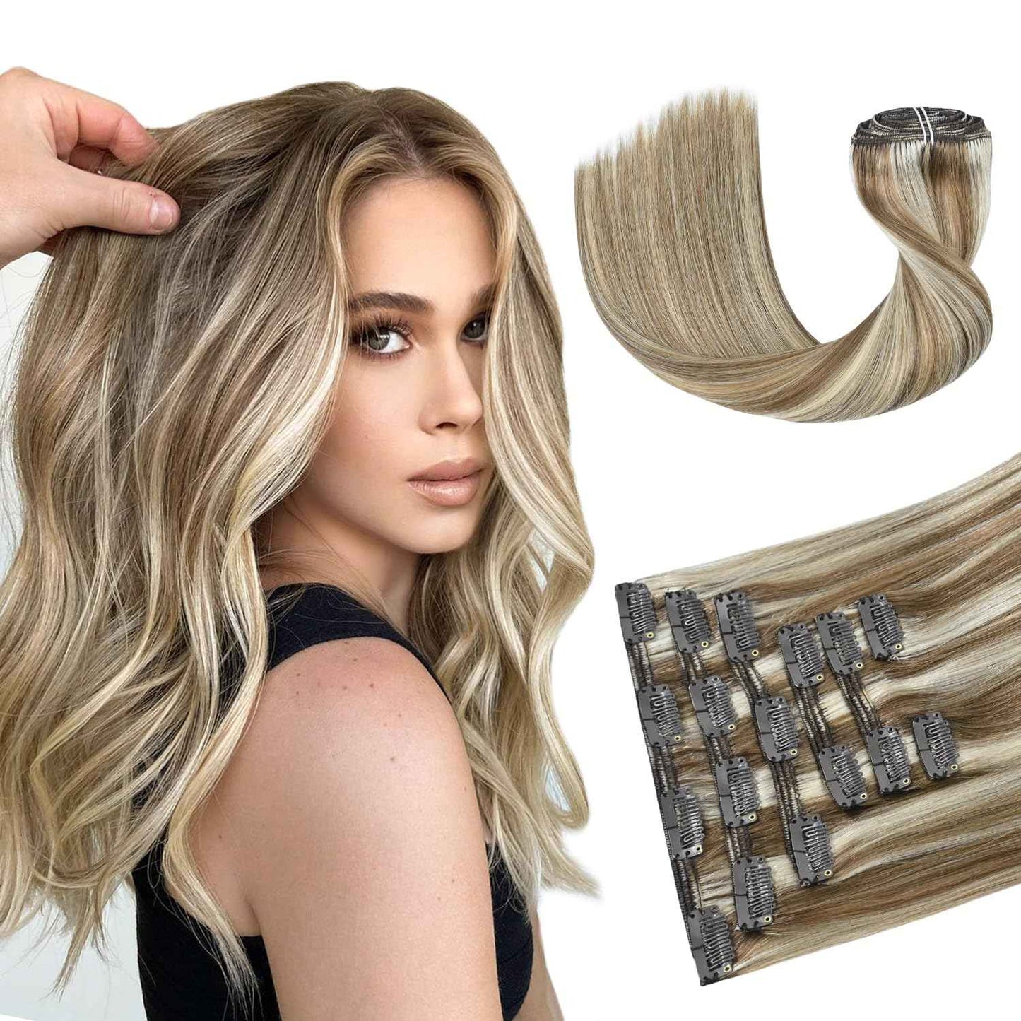 HUAYI Clip In Hair Extensions - Ash Blonde Mixed Platinum Blonde 120g 20 Inch, Real Human Hair Extensions for Women, Premium Quality Hair Extensions Real Human Hair for a Natural Look