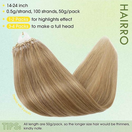 Hairro Loop Ring Human Hair Extensions Micro Link Beads Hair Balayage Highlights Keratin I Tip Pre Bonded Weft Virgin Hair 22 inch 50g 100 Strands #12P613 Golden Brown mix Bleach Blonde