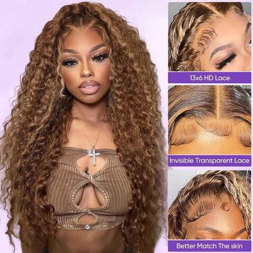 Harmsh Honey Blonde Highlight Ombre Lace Front Wig Human Hair 210 Density 13x6 HD Lace Front Wigs Human Hair Deep Wave Curly Lace Frontal Wigs Pre Plucked with Baby Hair 24Inch