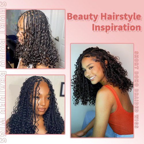 Zurffiy 13x8 Inch HD Lace Short Boho Braided Wigs for Women Knotless Braided Wigs with Curly End Synthetic Hair Brown Box Braid Wig with Baby Hair 18 Inch