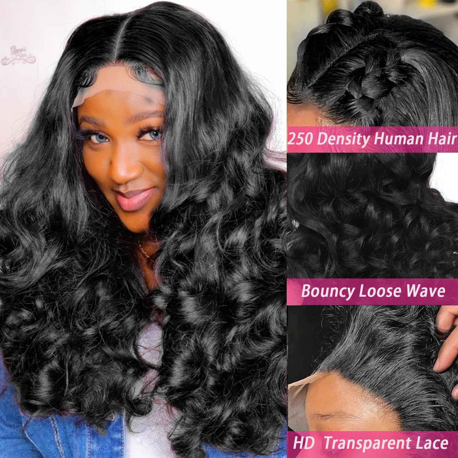 250 Density HD Lace Front Wigs Human Hair Loose Wave 13x4 Lace Front Wigs Human Hair Glueless Transparent Bouncy Body Wave Lace Frontal Wigs For Black Women Pre Plucked with Baby Hair 24 Inch
