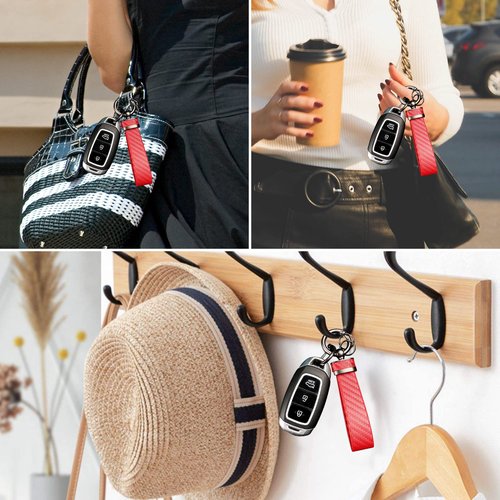 Turcee Carbon Fiber Keychain, Interior Accessories Leather Key Fob, Car Accessories Key Ring & Anti-Lost D-Ring (Red)