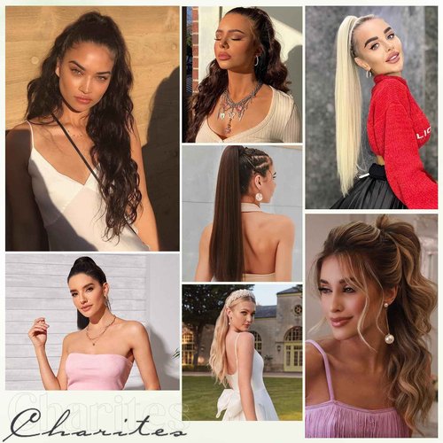 Charites Ponytail Extension, 14 Inch Claw Clip Ponytail Extension Human Hair Long Straight Jaw Clip in Real Hair Pony Tails Hairpieces for Women Natural Black