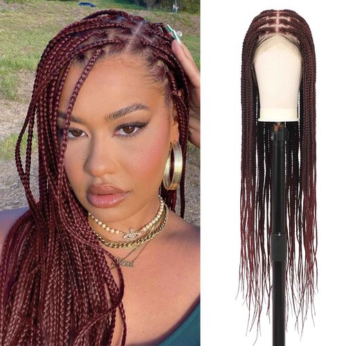 Fecihor 360° HD Full Lace Knotless Braided Wigs for Women Box Braid Wig with Baby Hair Premium Synthetic Natural Looking Burgundy Braided Lace Front Wigs 36 Inch
