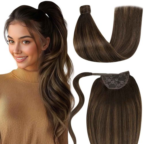LaaVoo Human Hair Ponytail Extensions Brown Ombre Ponytail Hair Extensions Human Hair Balayage Brown 18 Inch 80g