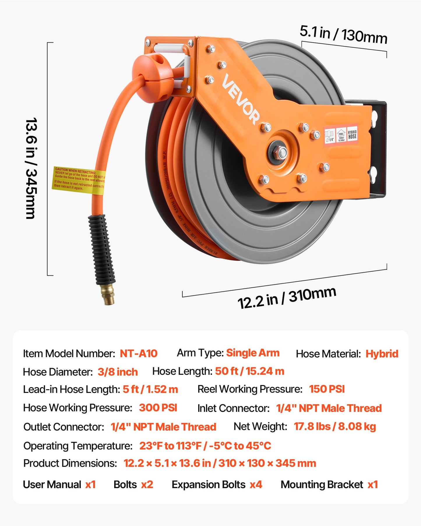 Retractable Air Hose Reel 3/8 Inch x 50 ft with Auto Rewind for Garage & Workshop