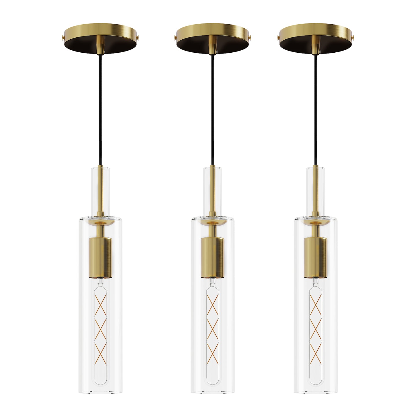 Gold Pendant Light Fixture Set - 3 Pack with Clear Glass Shade