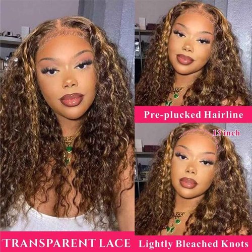 Labamiya Highlight Jerry Curly Human Hair Wig 4x1 T Closure Glueless Wigs Human Hair Pre Plucked Pre Cut Lace Closure Glueless Wigs Elastic Band 200% Density P4/30 Honey Blonde Color