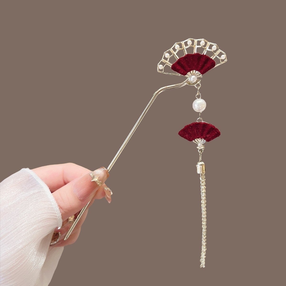 Vintage Floral Hair Stick with Red Flowers and Gold Leaves - Women’s Hair Accessory