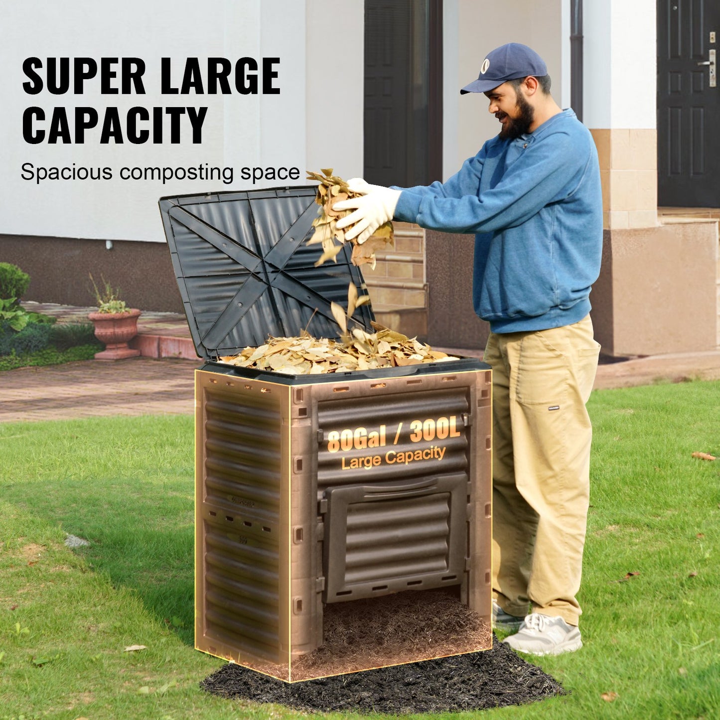 80 Gallon Outdoor Compost Bin with Lid & Bottom Door - Large Capacity Garden Tool