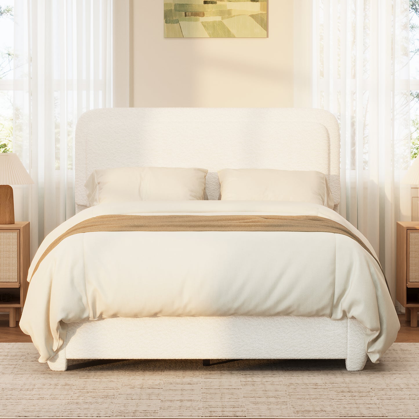Boucle Full Bed Frame With Adjustable Height Headboard, Modern