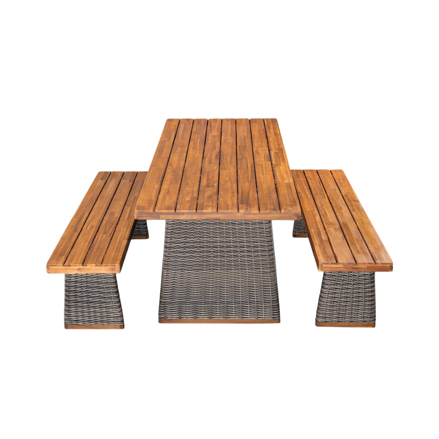Outdoor 3 Piece Acacia Wood Dining Set with Rattan Legs - Grey