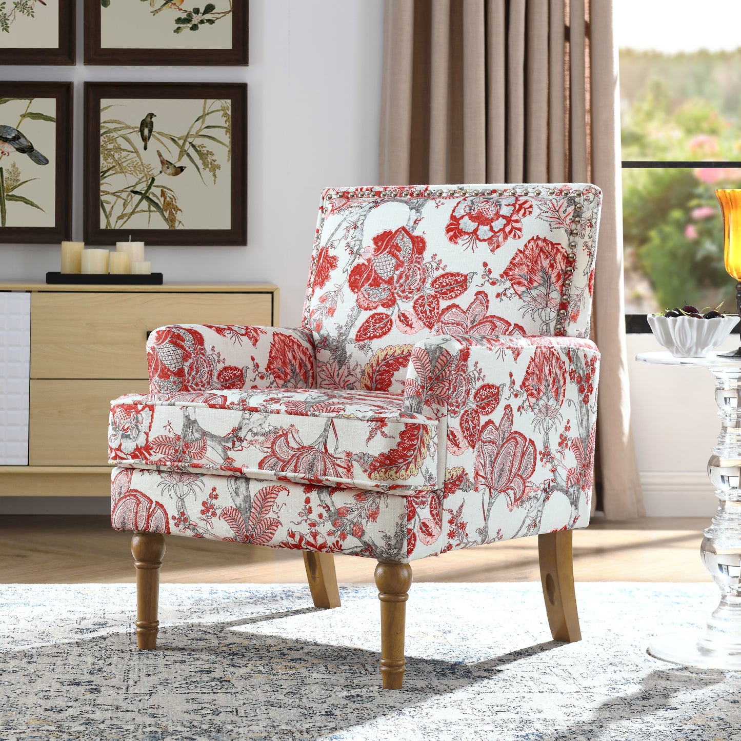 Floral Accent Chair with Nailhead Trim - Red Upholstered Slipper Chair
