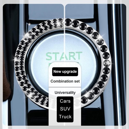 LivTee 2 PCS Crystal Combinatorial Rhinestone Car Engine Start Decoration Ring, Push to Start Button Cover Sticker, Bling Car Interior Accessories for Women, Automotive Decals, Black