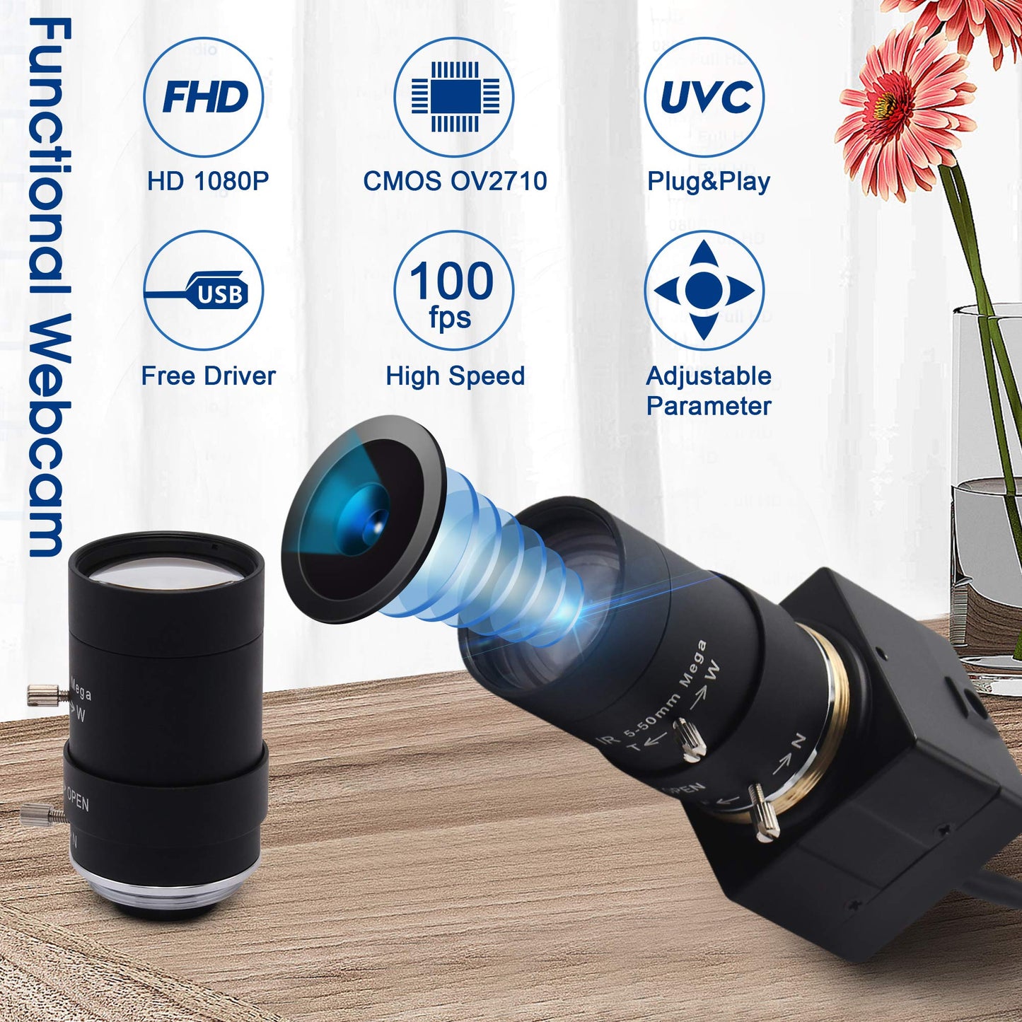ALPCAM USB Camera 1080P 5-50mm Zoom Lens Camera,High Speed Camera USB 100fps Webcam for 3D Printer Camera Video Conference Camera Robot,2MP Plug and Play Webcam for Android Windows Mac