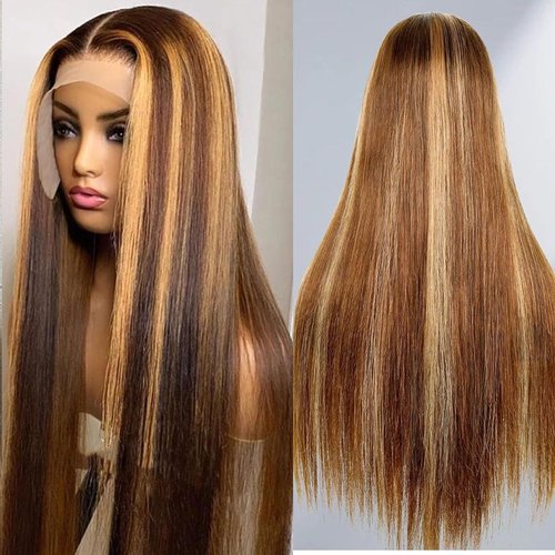 Teveshine 24inch Brown Highlighted Wig Human Hair 13x6 Straight Lace Front Wigs Human Hair Pre Plucked With Baby Hair 180% Density Glueless 4/27 Blonde Highlight Wig