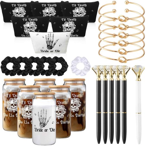 Hushee 30 Pcs Bride or Die Bachelorette Party Supplies Till Death Bridesmaids Gifts 16 oz Glass Cup Makeup Bag Scrunchy Knotted Bracelet Diamond Pen for Gothic Halloween Bridal Shower Wedding Supplies