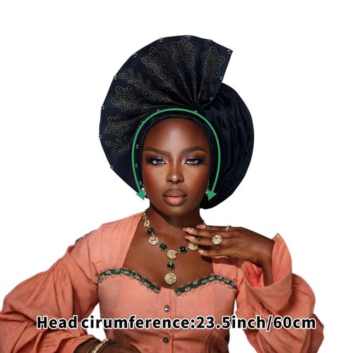 Nigerian Women's hat Folding Fan African Headscarf hat,African headpiece Auto Gel Headwear,Suitable for Weddings Parties (Black)