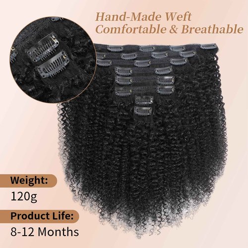 Afro Kinky Curly Clip Ins Human Hair 4C Hair Clip in Extensions Real Natural Human Hair for Black Women 8 pecs with 20 Clips 120g Natural Black Color 22 Inch
