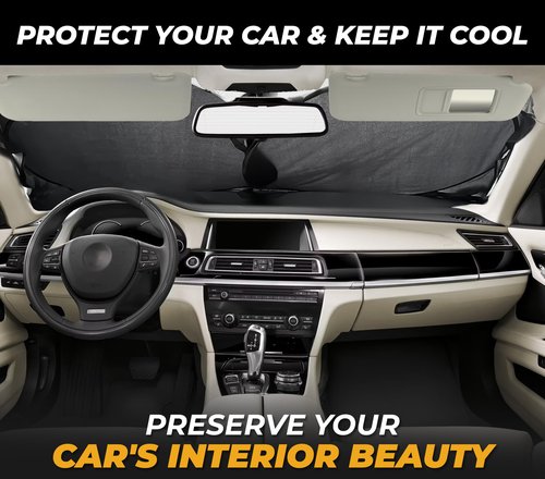 Windshield Sun Shade for Car, SUV & Truck – Patented Design Blocks 99% UV Rays & Heat | 240T Reflective Polyester Sunshade with Storage Bag | Keeps Vehicle Interior Cool | Universal Fit L(64" x 34")