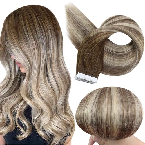 Full Shine Tape in Hair Extensions Human Hair 18 Inch 50 Grams 20 Pcs Invisible Skin Weft Color 3 Fading to 8 Highlight 22 Blonde Tape in Hair