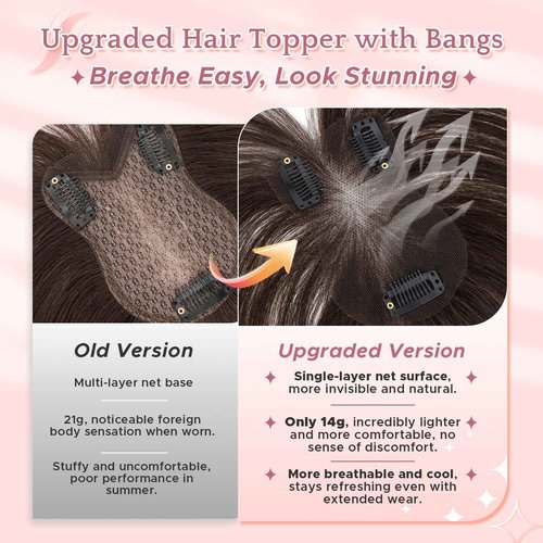 SEGOHAIR Hair Toppers for Women Real Human Hair with Bangs 360°Cover 3D Clips 2.76"x4.33" Breathable Lace Base 11 Inches Lightweight Hairpieces Curtain Bangs Medium Brown