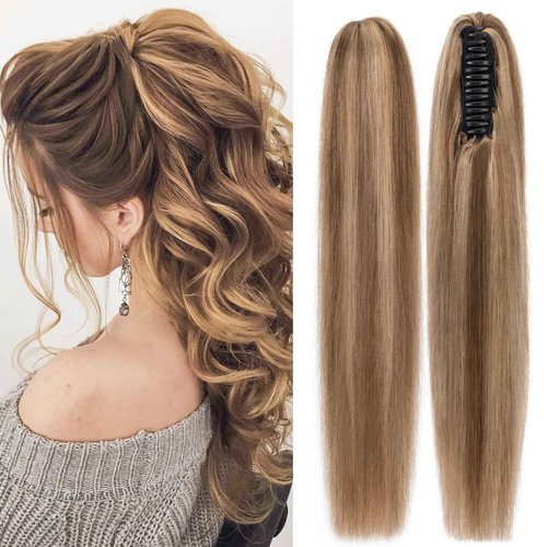 TESSHAIR Claw Clip In Ponytail Extension, 100% Human Hair Ponytail Extension, No Tangle & Smooth, 105g, 14 Inch #Medium Brown & Dark Blonde