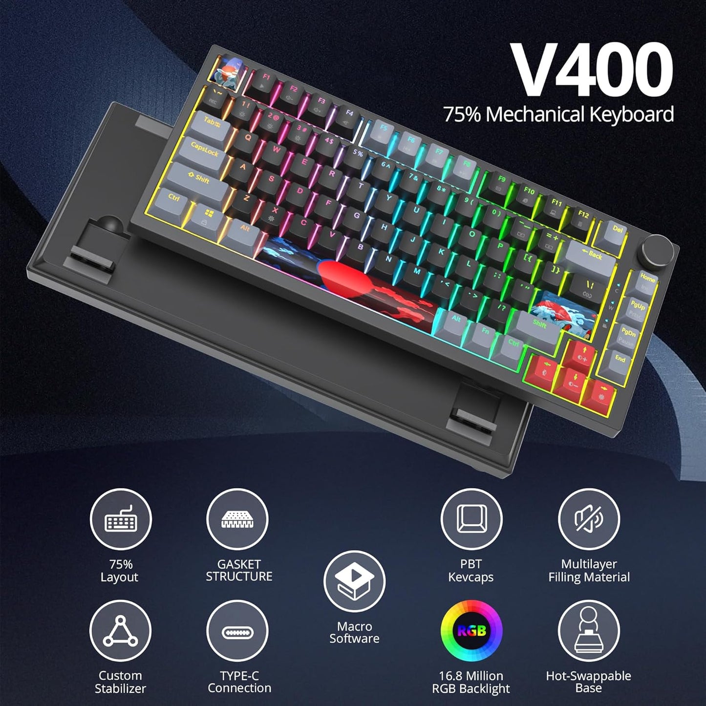 75% TKL Wired Mechanical Keyboard,RGB Backlit Gasket Mount 82 Key Hot Swappable Custom Linear Red Switch Gaming Keyboard with Volume Knob & PBT Keycaps (82 White Earth)