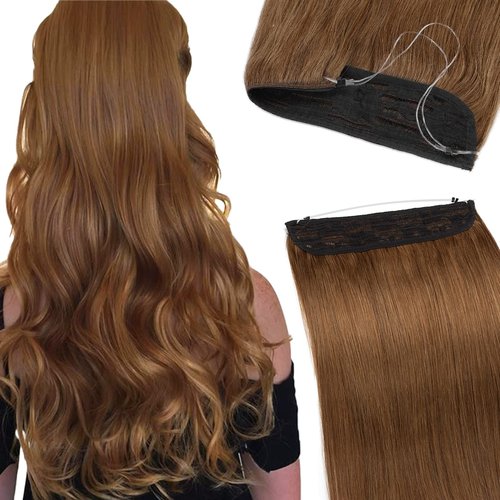 Benehair Human Hair Extensions Thick Ends Invisible Wire Real Human Hair with 2 Fish Lines Thicker Hairpieces 90g Hair Extensions Straight Thicker Hairpieces for Women #6 Light Brown 16 Inch