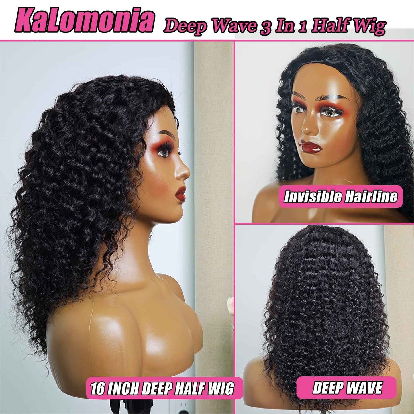 Half Wig Human Hair Deep Wave 200% Density Curly Half Wig Drawstring Seamless Flip Over 3 In 1 Half Wigs for Black Women Wear and Go Glueless Headband Wig Human Hair Beginner Friendly 16 Inch