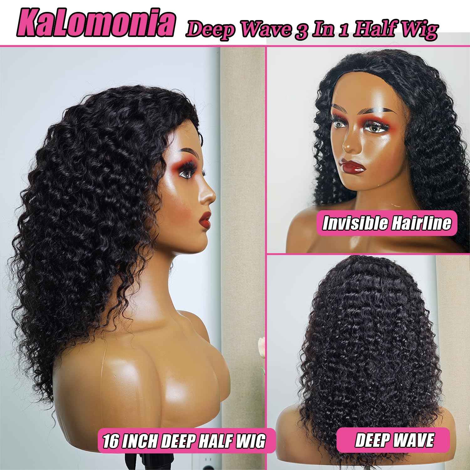 Half Wig Human Hair Deep Wave 200% Density Curly Half Wig Drawstring Seamless Flip Over 3 In 1 Half Wigs for Black Women Wear and Go Glueless Headband Wig Human Hair Beginner Friendly 16 Inch