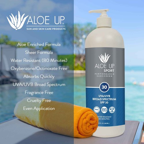 Aloe Up Sport Sunscreen Lotion SPF 30 - Broad Spectrum UVA/UVB Sunscreen Protector for Face and Body With Hydrating Aloe Vera Gel Non-Greasy No White Cast Reef Safe Fragrance-Free - 32 Oz.